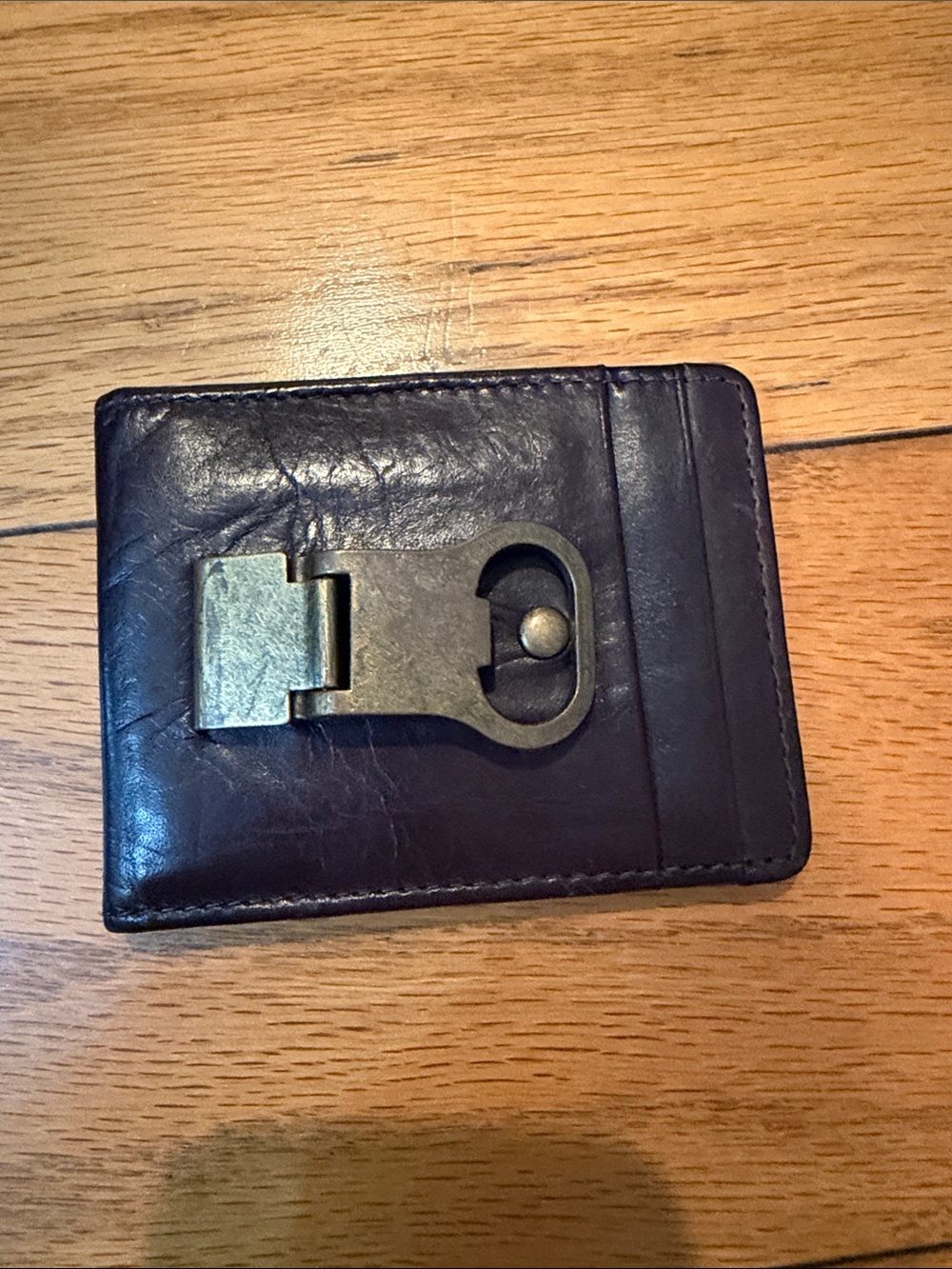 Men's Dark Brown Leather Money Clip Card Wallet with bottle opener